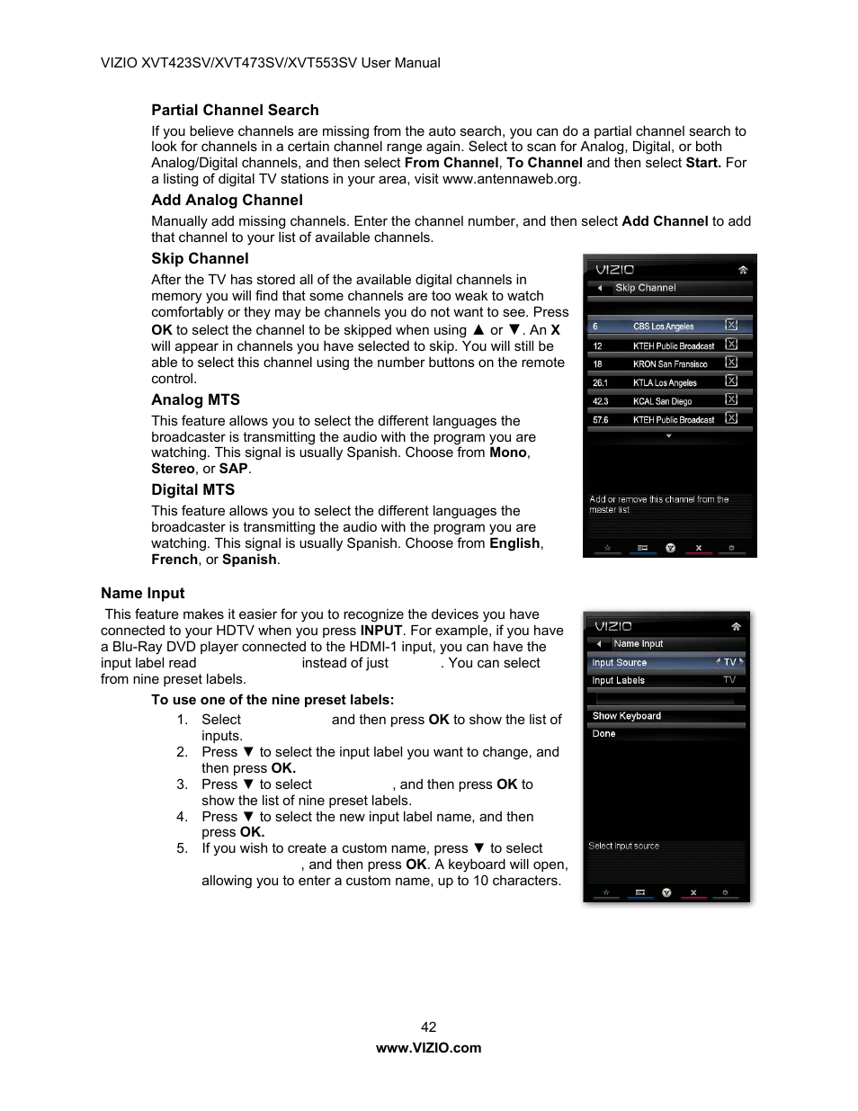 Partial channel search, Add analog channel, Skip channel | Analog mts, Digital mts, Name input | Vizio XVT423SV User Manual | Page 42 / 64