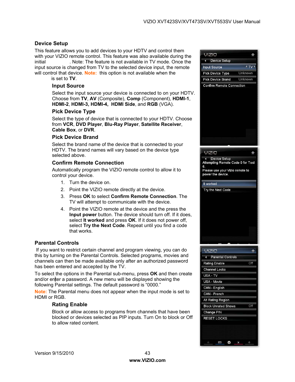 Device setup, Input source, Pick device type | Pick device brand, Confirm remote connection, Parental controls, Rating enable | Vizio XVT423SV User Manual | Page 43 / 64