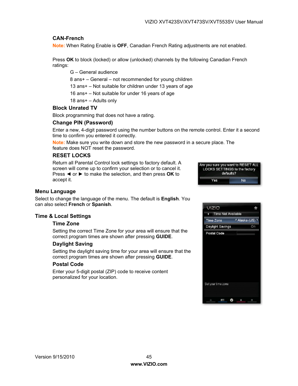 Can-french, Block unrated tv, Change pin (password) | Reset locks, Menu language, Time & local settings, Time zone, Daylight saving, Postal code | Vizio XVT423SV User Manual | Page 45 / 64