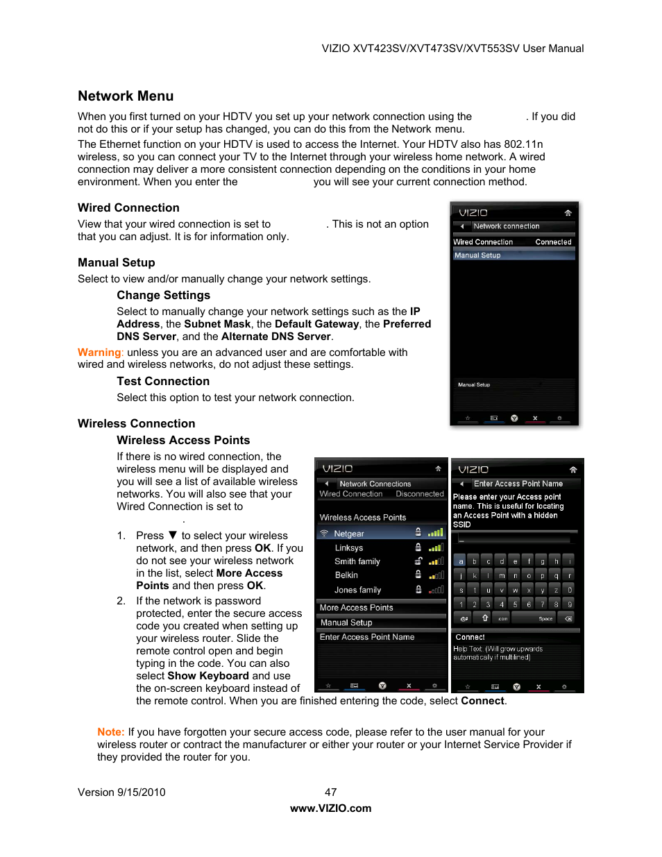 Network menu, Wired connection, Manual setup | Change settings, Test connection, Wireless connection, Wireless access points, See network menu on pag, Network, Menu | Vizio XVT423SV User Manual | Page 47 / 64