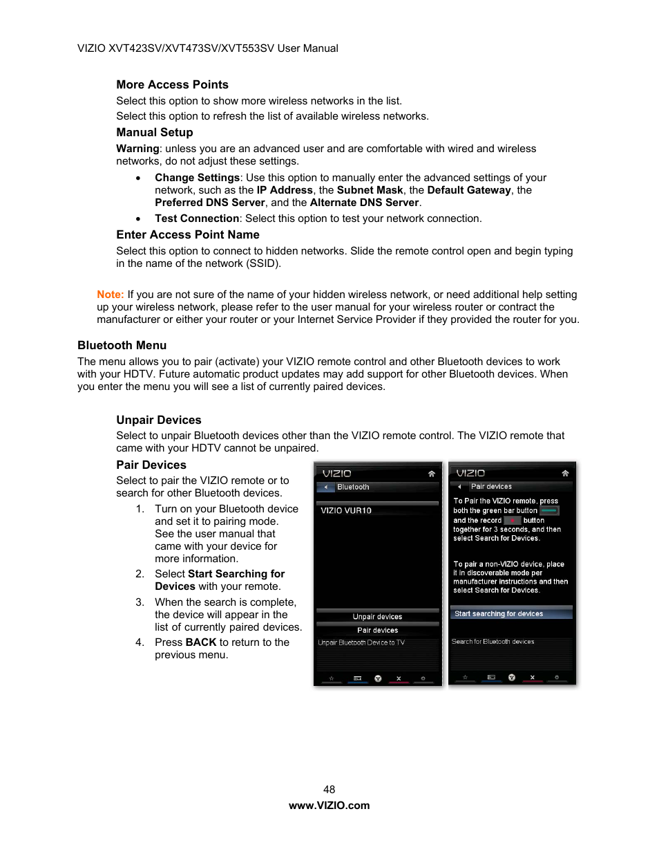 More access points, Manual setup, Enter access point name | Bluetooth menu, Unpair devices, Pair devices | Vizio XVT423SV User Manual | Page 48 / 64