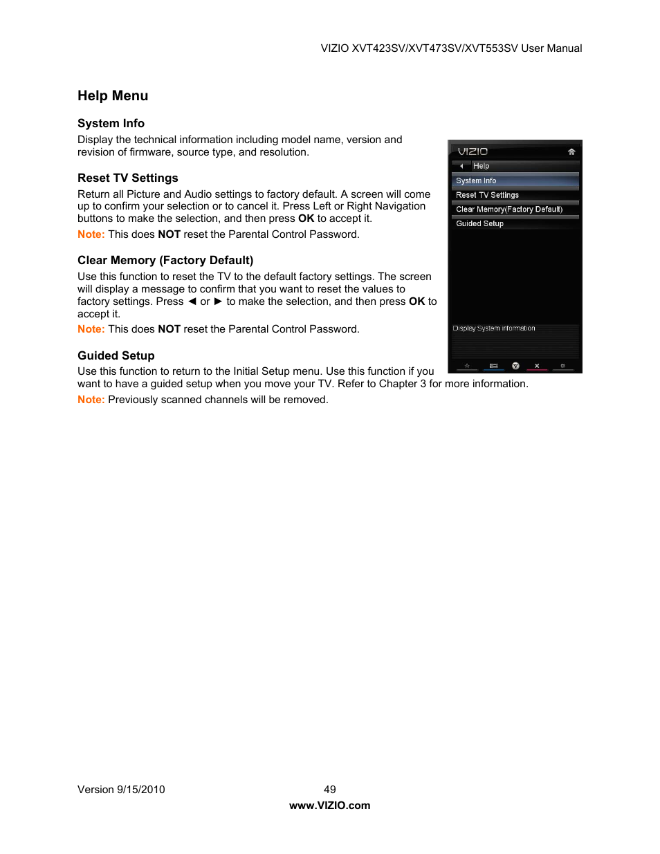 Help menu, System info, Reset tv settings | Clear memory (factory default), Guided setup | Vizio XVT423SV User Manual | Page 49 / 64