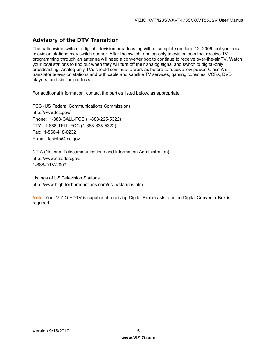 Advisory of the dtv transition | Vizio XVT423SV User Manual | Page 5 / 64
