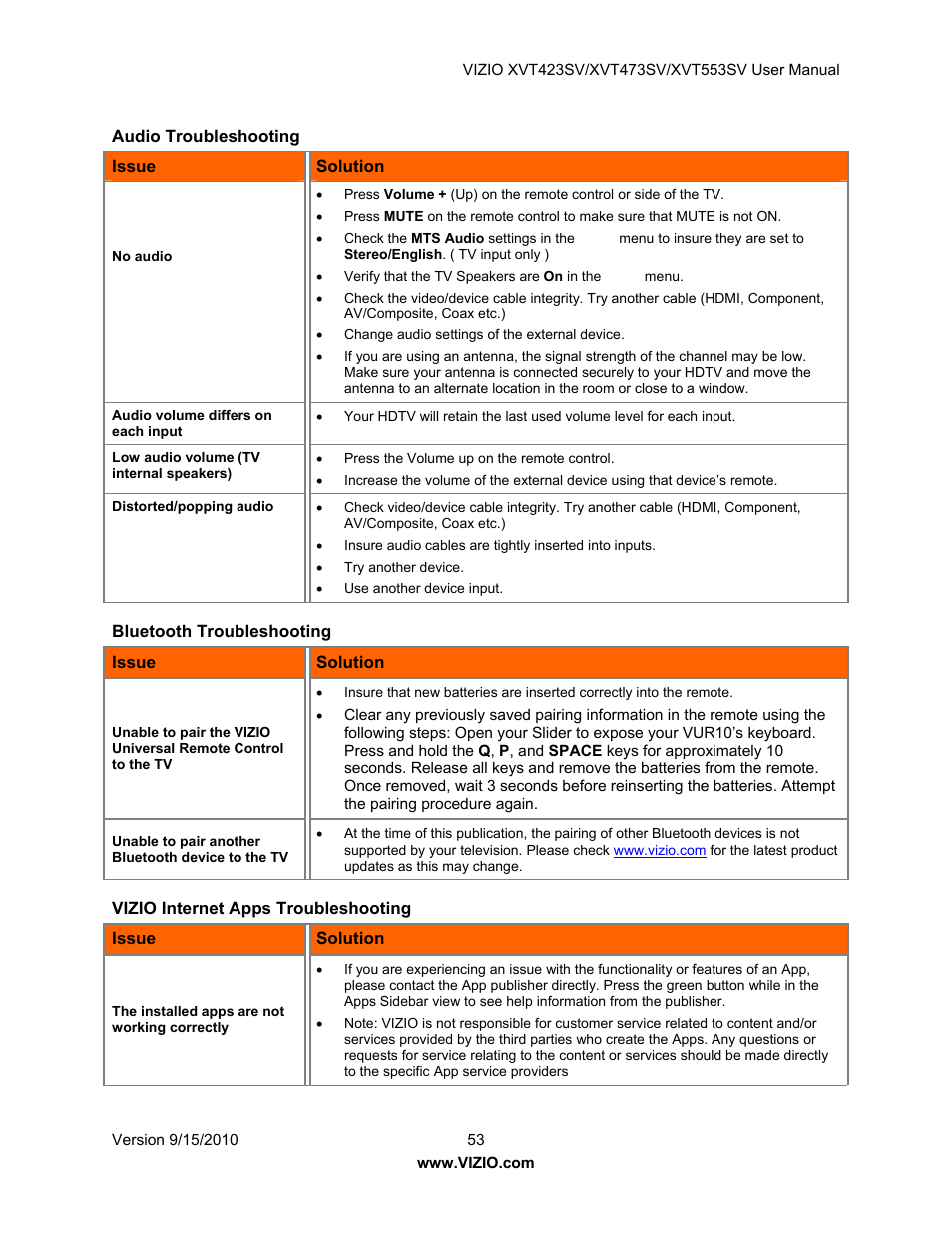 Audio troubleshooting, Bluetooth troubleshooting, Vizio internet apps troubleshooting | Vizio XVT423SV User Manual | Page 53 / 64