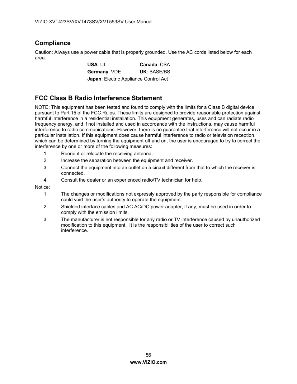 Compliance, Fcc class b radio interference statement | Vizio XVT423SV User Manual | Page 56 / 64
