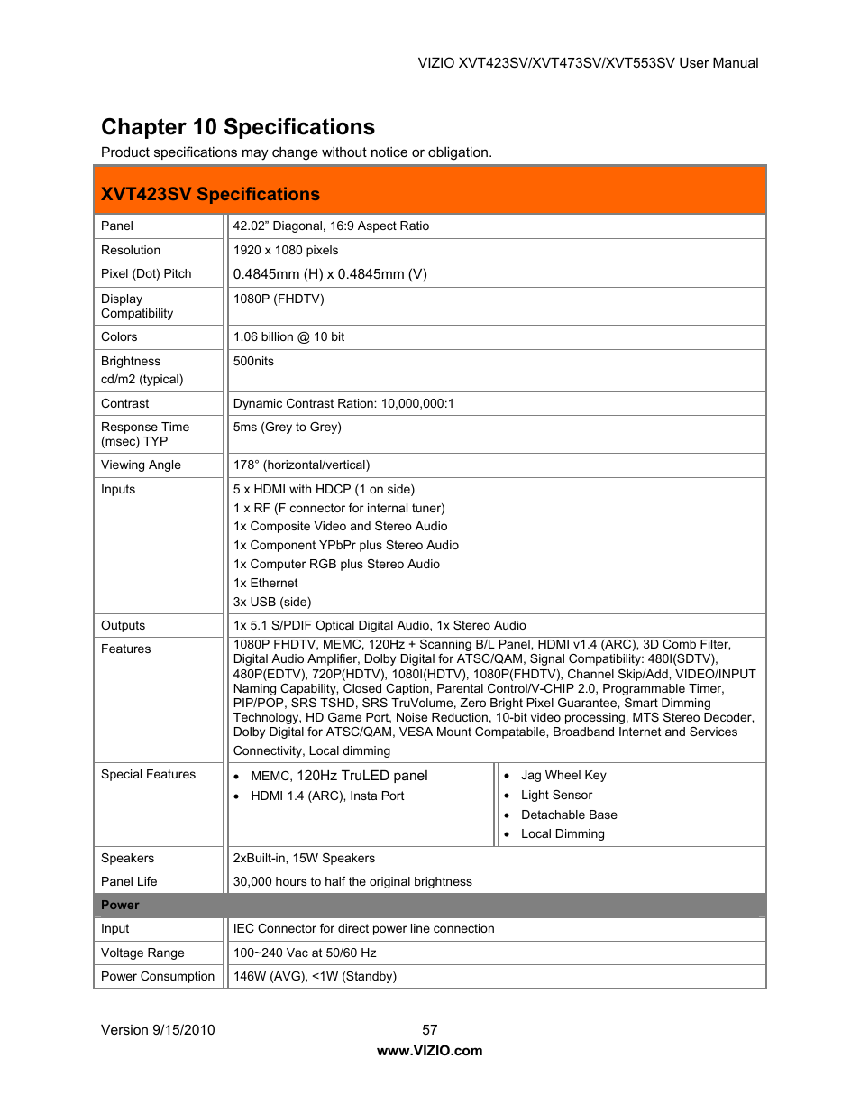 Chapter 10 specifications, Xvt423sv specifications | Vizio XVT423SV User Manual | Page 57 / 64