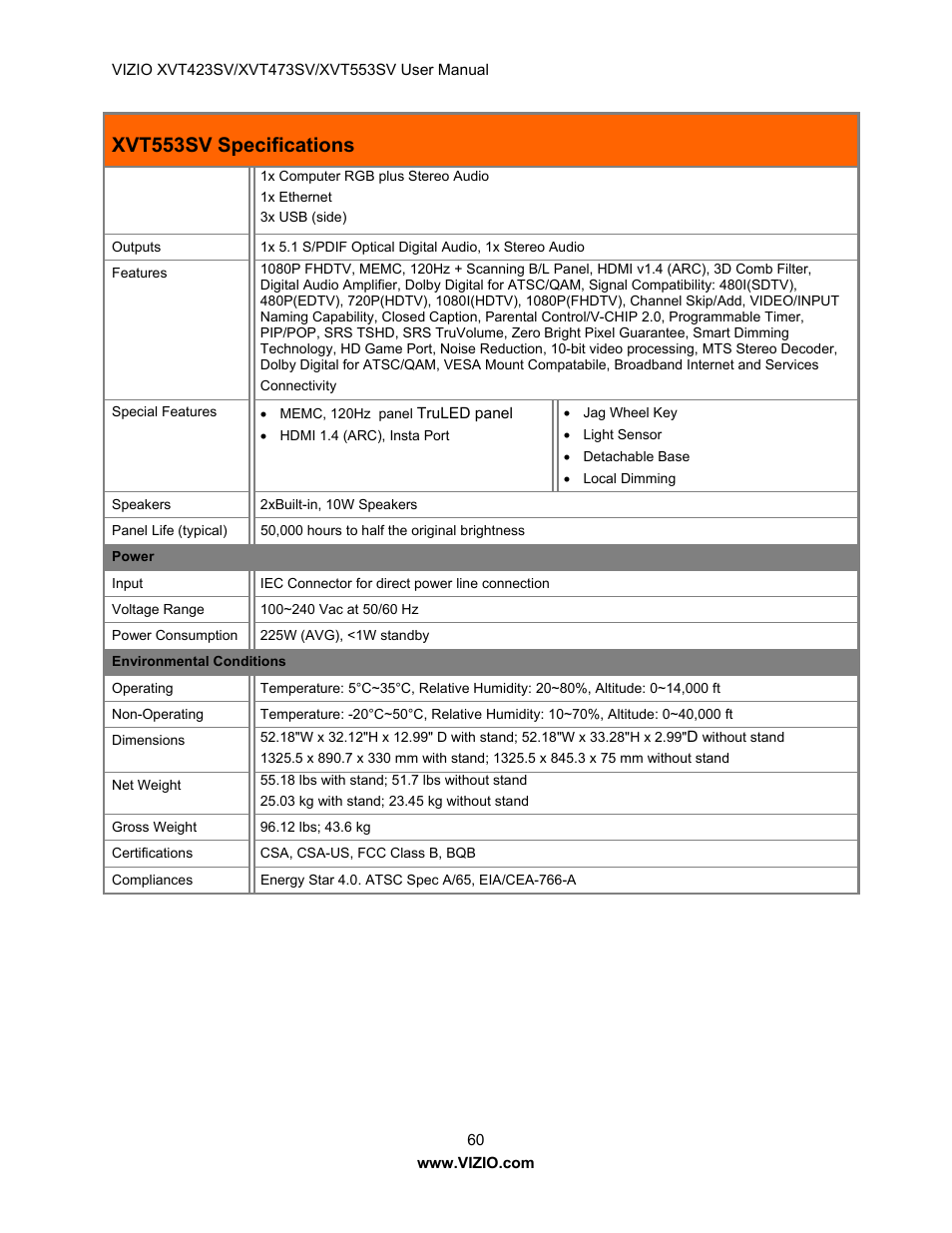 Xvt553sv specifications | Vizio XVT423SV User Manual | Page 60 / 64