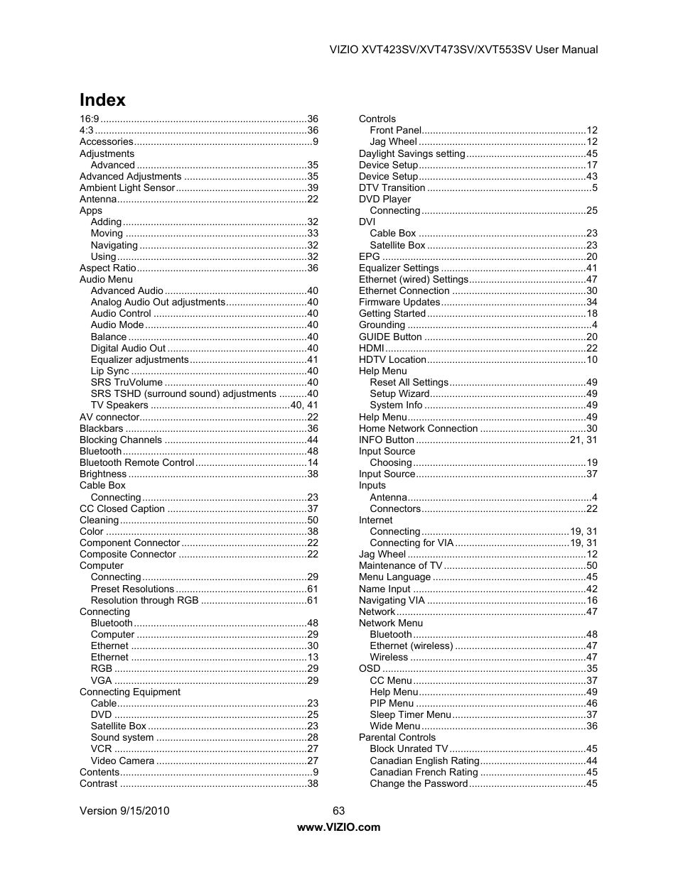 Index | Vizio XVT423SV User Manual | Page 63 / 64