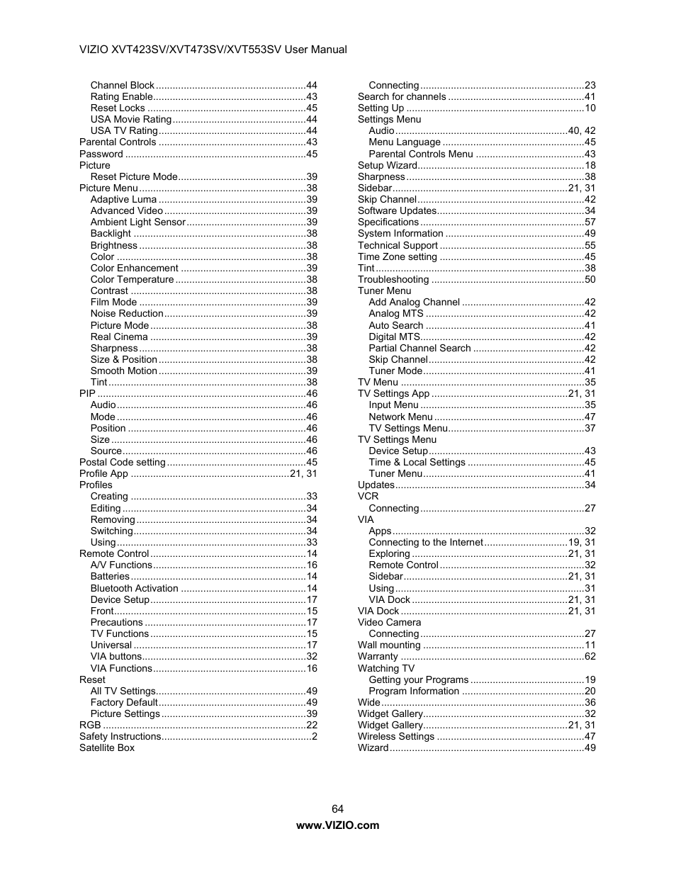Vizio XVT423SV User Manual | Page 64 / 64