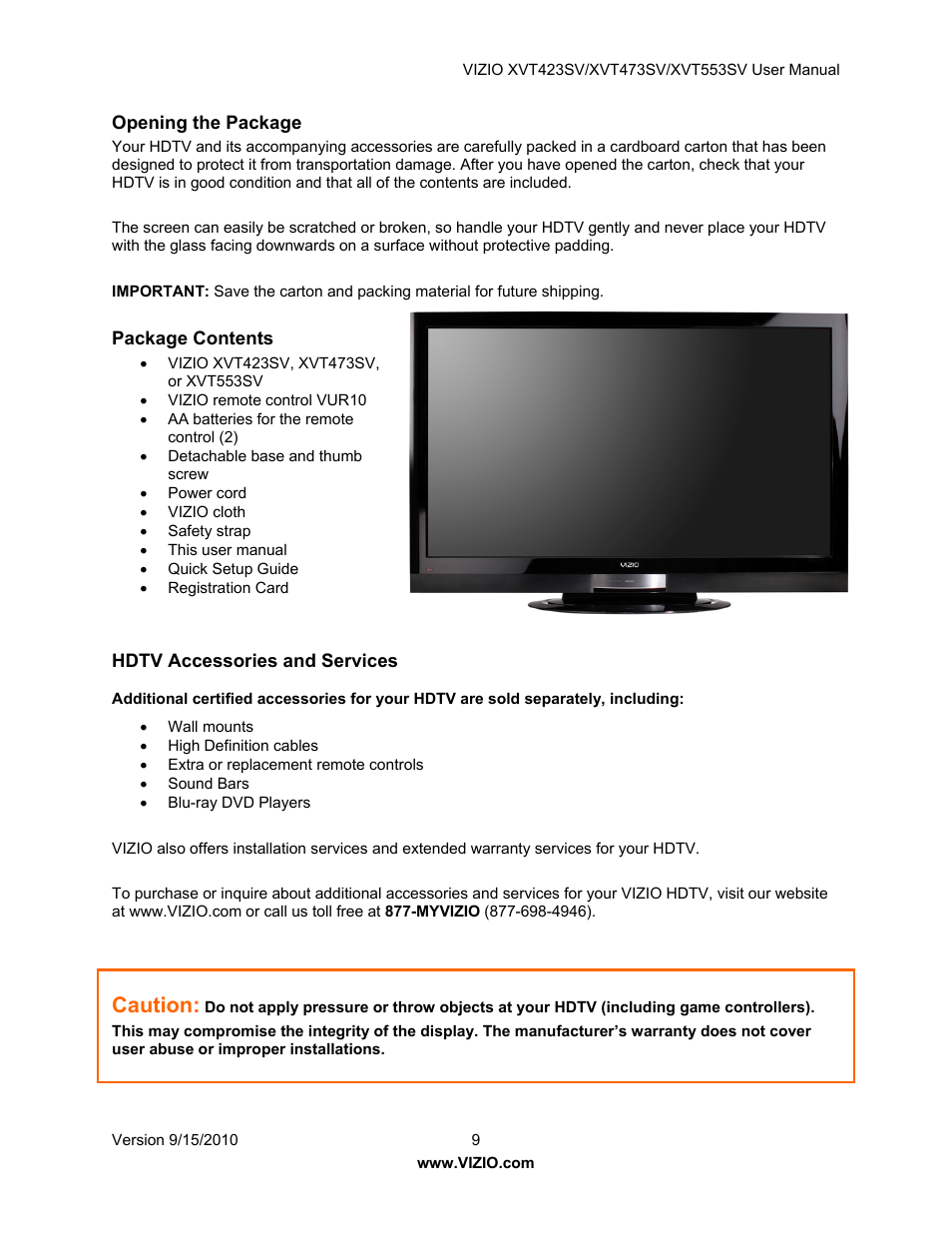 Caution | Vizio XVT423SV User Manual | Page 9 / 64