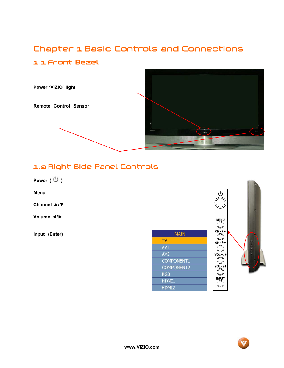 Chapter 1 basic controls and connections, Front bezel, 2 right side panel controls | 1 front bezel | Vizio GV42L FHDTV10A User Manual | Page 11 / 79