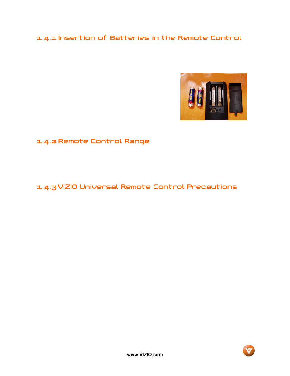 1 insertion of batteries in the remote control, 2 remote control range, 3 vizio universal remote control precautions | Vizio GV42L FHDTV10A User Manual | Page 17 / 79