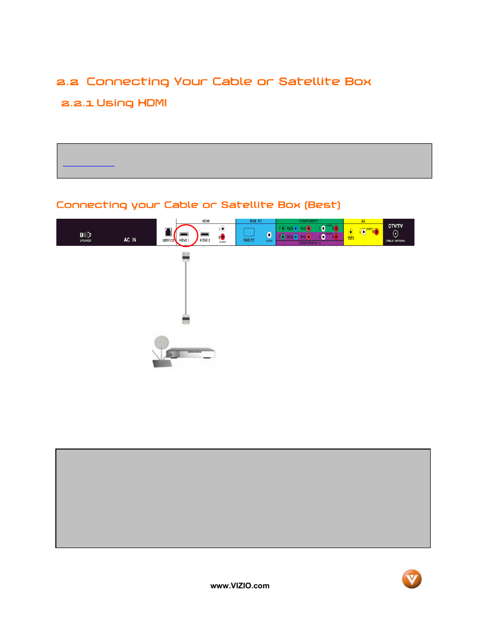 2 connecting your cable or satellite box, 1 using hdmi | Vizio GV42L FHDTV10A User Manual | Page 19 / 79