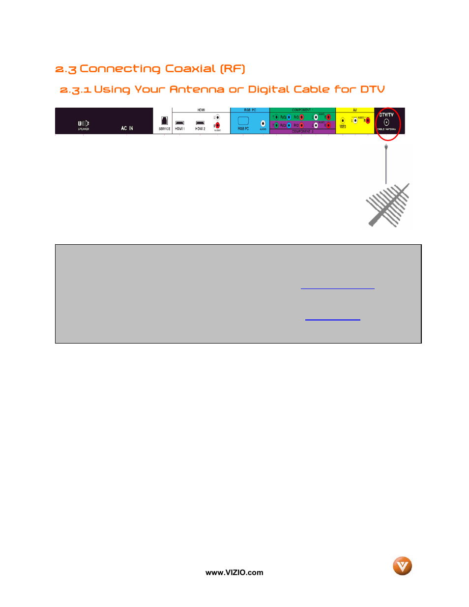 3 connecting coaxial (rf), 1 using your antenna or digital cable for dtv | Vizio GV42L FHDTV10A User Manual | Page 22 / 79