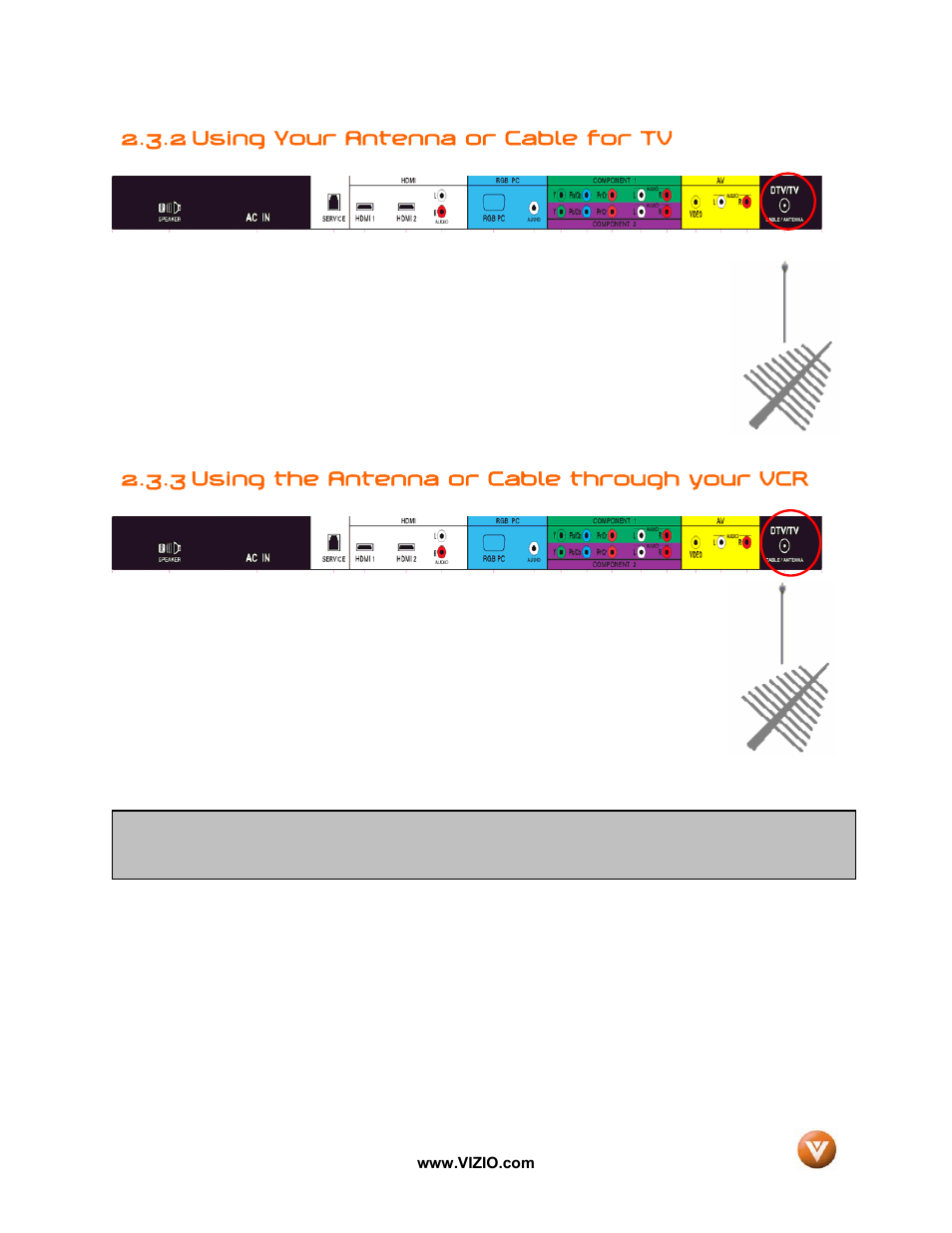 2 using your antenna or cable for tv, 3 using the antenna or cable through your vcr | Vizio GV42L FHDTV10A User Manual | Page 23 / 79