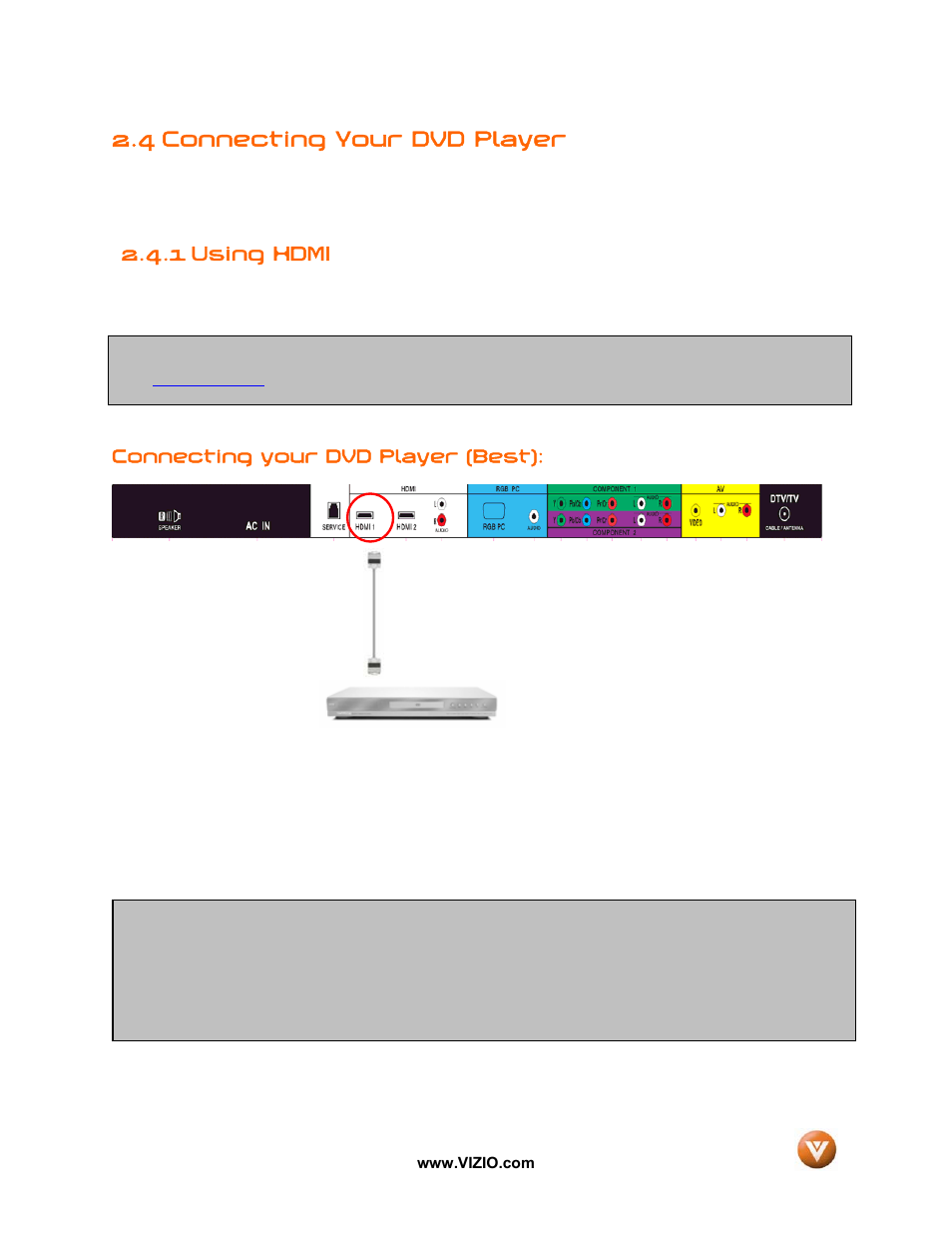 4 connecting your dvd player, 1 using hdmi | Vizio GV42L FHDTV10A User Manual | Page 24 / 79