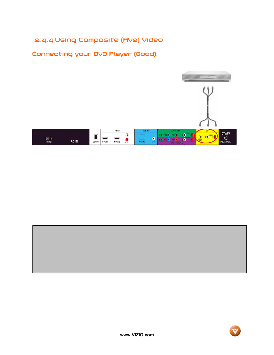 4 using composite (av2) video | Vizio GV42L FHDTV10A User Manual | Page 28 / 79