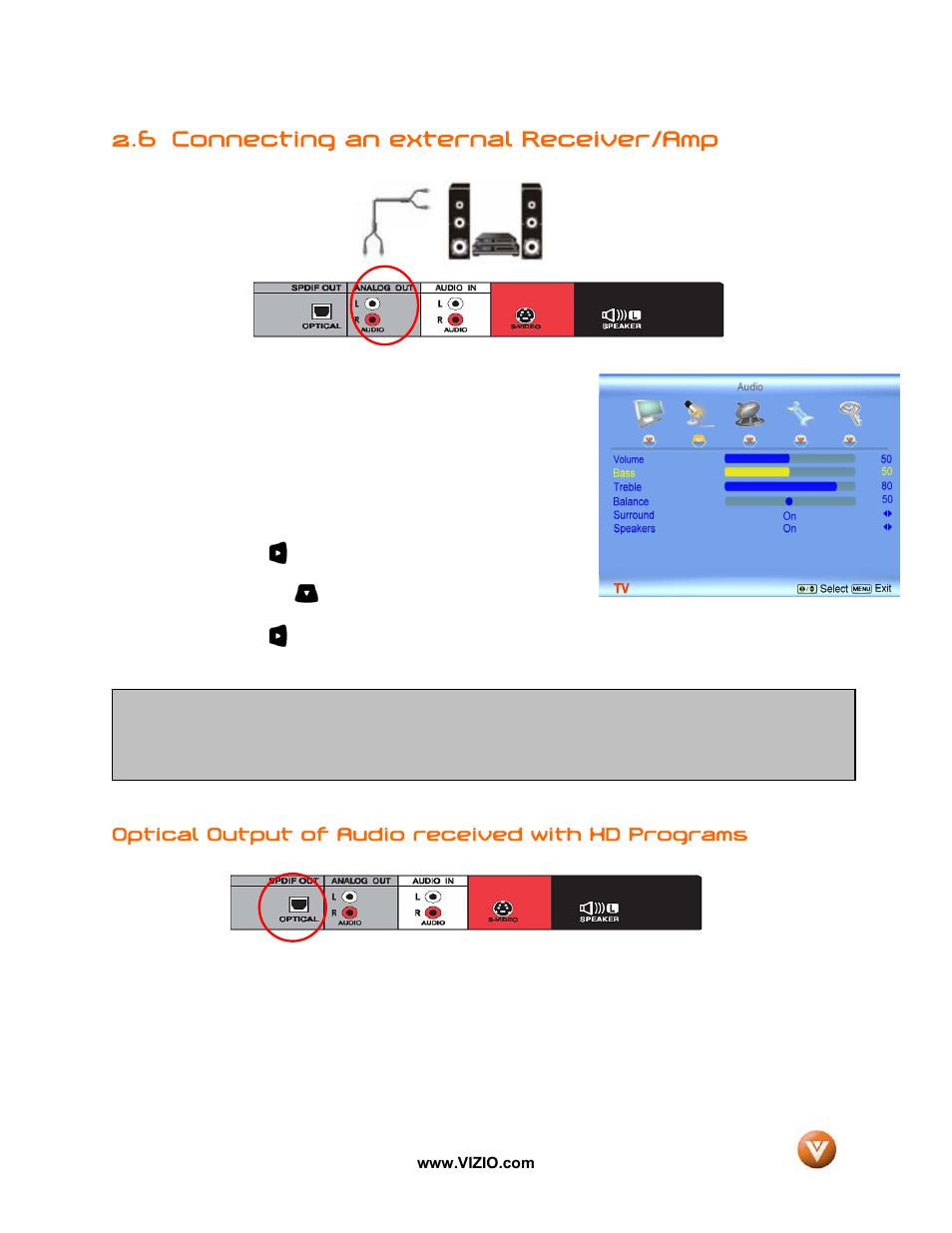 6 connecting an external receiver/amp | Vizio GV42L FHDTV10A User Manual | Page 30 / 79