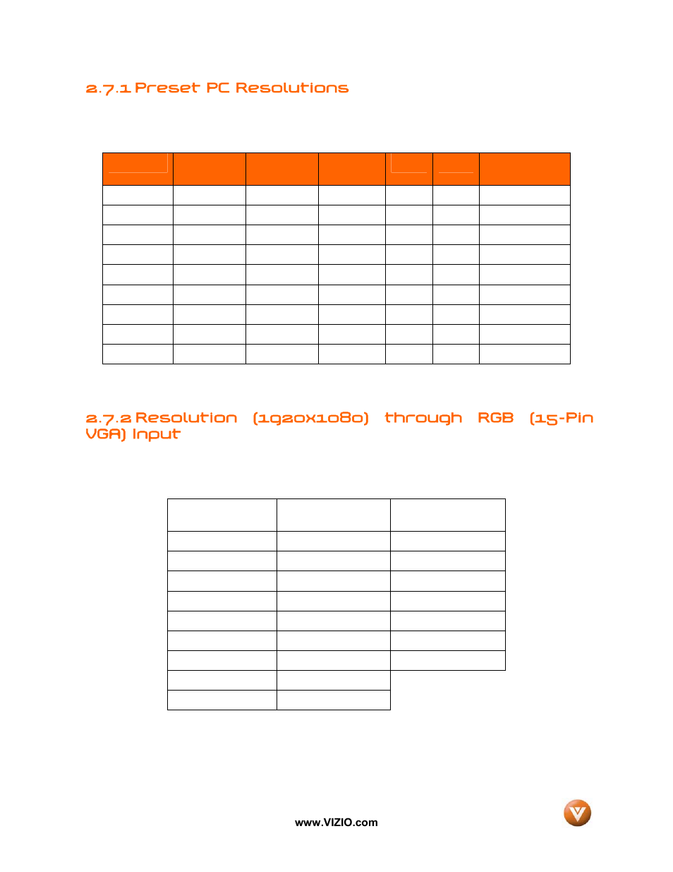 1 preset pc resolutions | Vizio GV42L FHDTV10A User Manual | Page 32 / 79