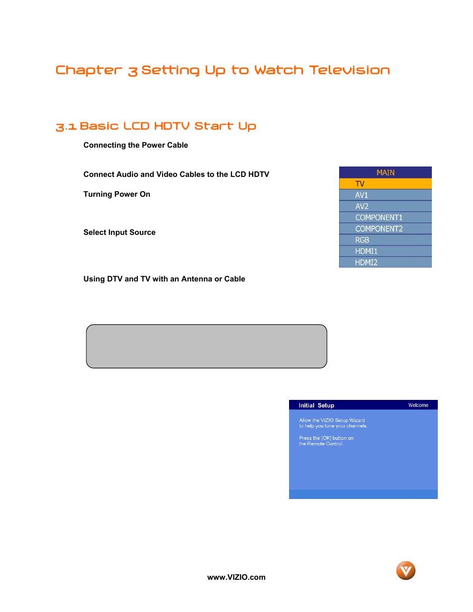 Chapter 3 setting up to watch television, 1 basic lcd hdtv start up | Vizio GV42L FHDTV10A User Manual | Page 33 / 79