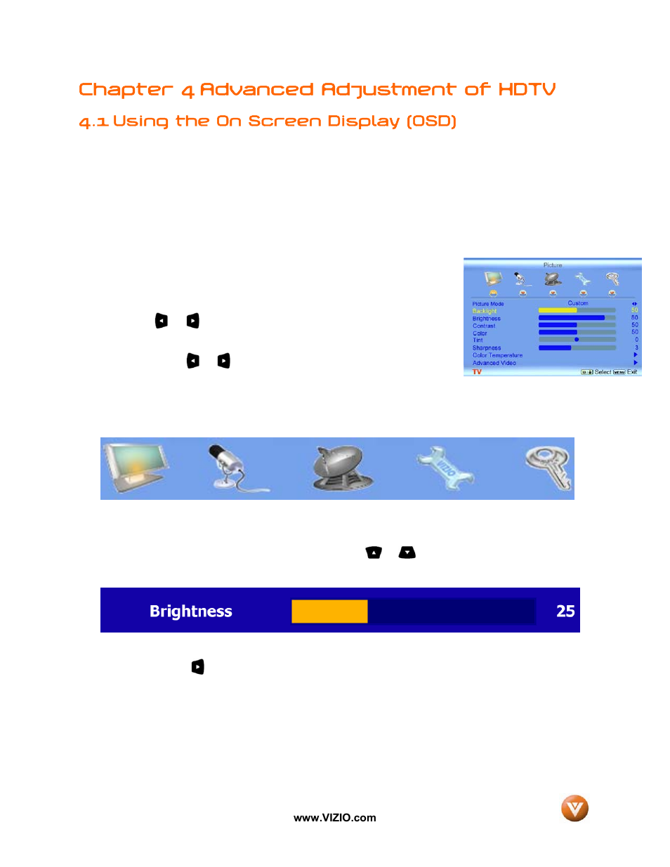 Chapter 4 advanced adjustment of hdtv, 1 using the on screen display (osd) | Vizio GV42L FHDTV10A User Manual | Page 38 / 79