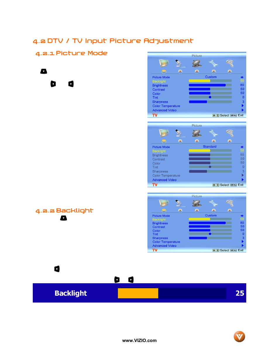 2 dtv / tv input picture adjustment, Picture mode, 2 backlight | 1 picture mode | Vizio GV42L FHDTV10A User Manual | Page 39 / 79