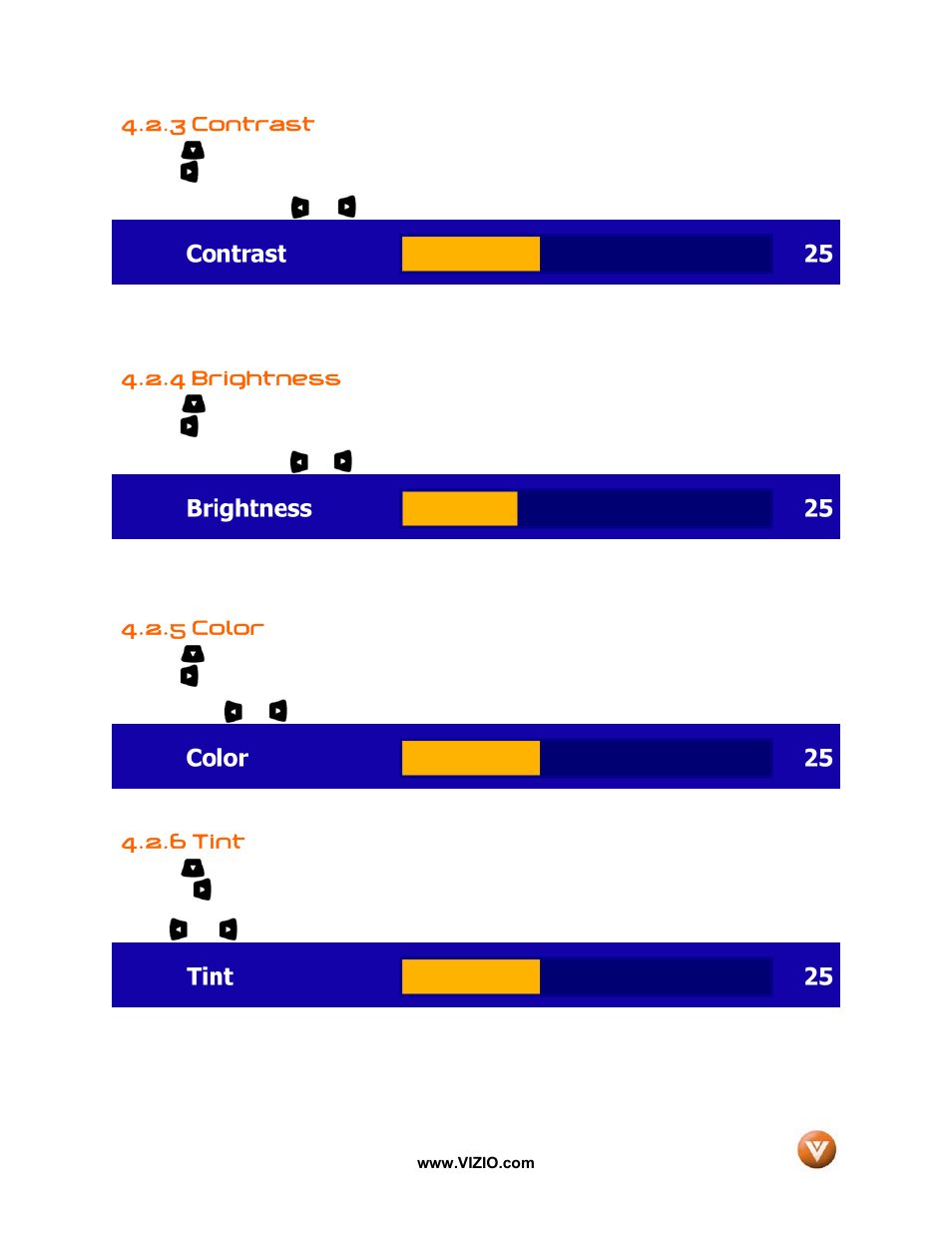 3 contrast, 4 brightness, 5 color | 6 tint | Vizio GV42L FHDTV10A User Manual | Page 40 / 79