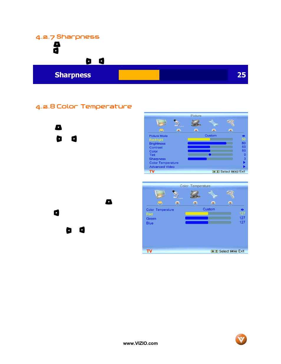7 sharpness, 8 color temperature | Vizio GV42L FHDTV10A User Manual | Page 41 / 79
