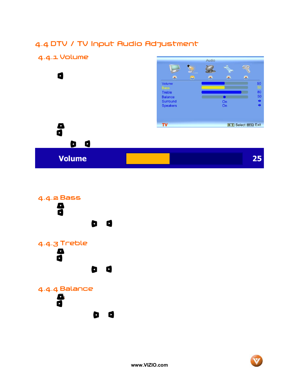 4 dtv / tv input audio adjustment, Volume, 2 bass | 3 treble, Balance, 1 volume, 4 balance | Vizio GV42L FHDTV10A User Manual | Page 43 / 79