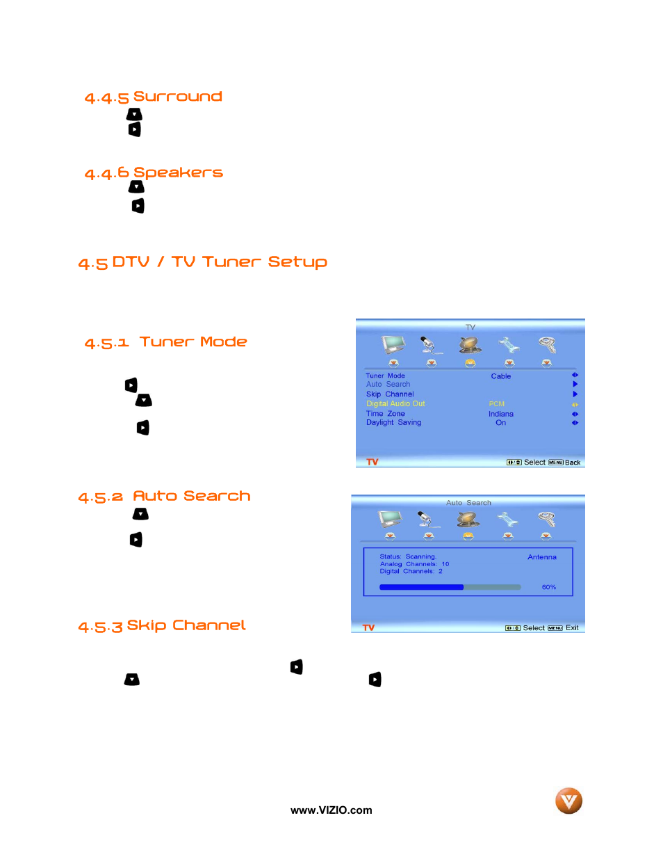 5 surround, Speakers, 5 dtv / tv tuner setup | 1 tuner mode, Auto search, 3 skip channel, 6 speakers, 2 auto search | Vizio GV42L FHDTV10A User Manual | Page 44 / 79