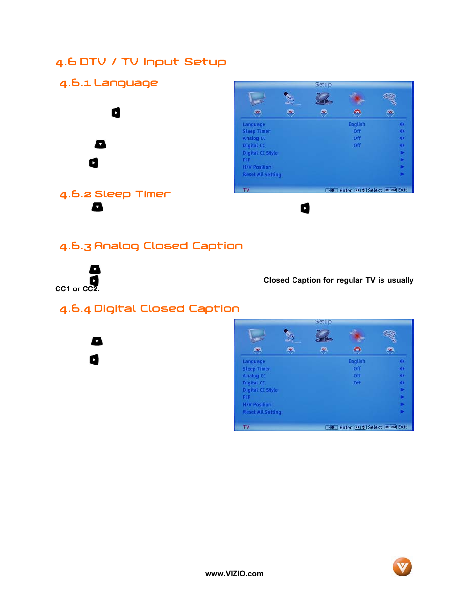 6 dtv / tv input setup, Language, 2 sleep timer | 3 analog closed caption, 4 digital closed caption, 1 language | Vizio GV42L FHDTV10A User Manual | Page 46 / 79