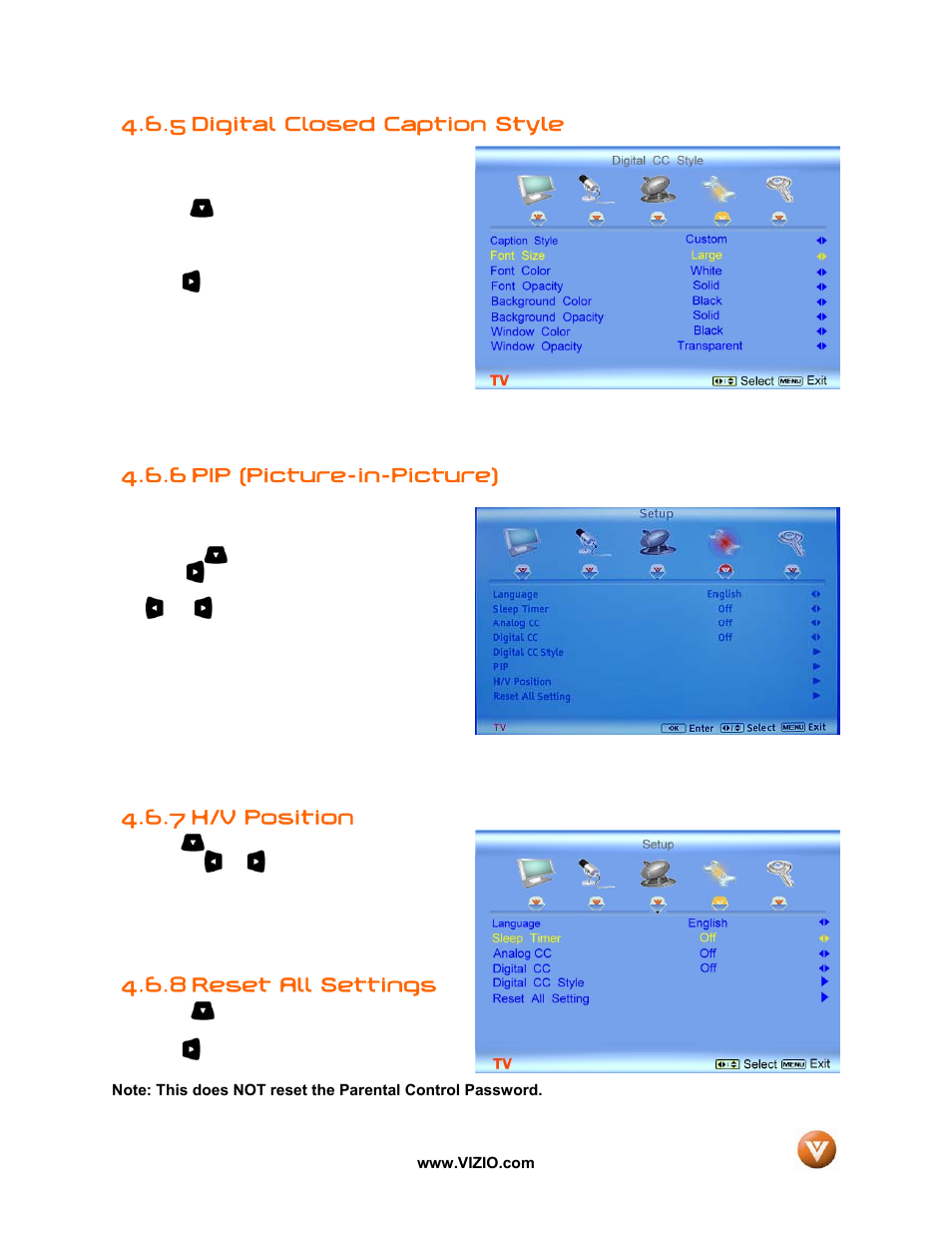 5 digital closed caption style, 6 pip (picture-in-picture), H/v position | 8 reset all settings, 7 h/v position | Vizio GV42L FHDTV10A User Manual | Page 47 / 79