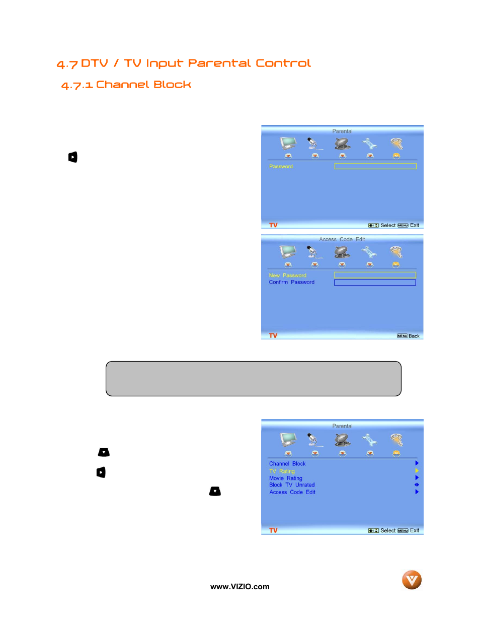 7 dtv / tv input parental control, 1 channel block | Vizio GV42L FHDTV10A User Manual | Page 48 / 79