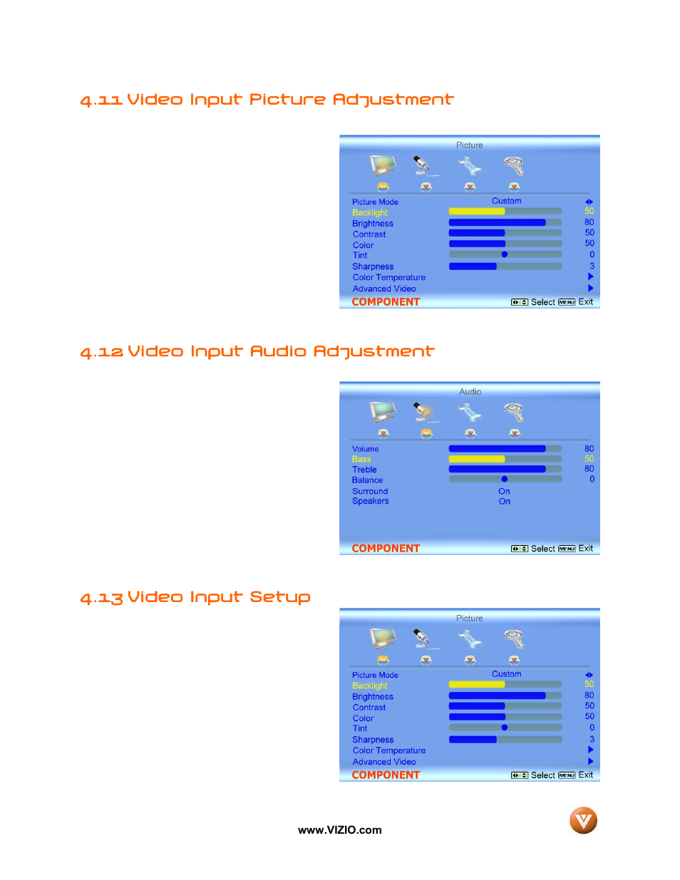 11 video input picture adjustment, Video input audio adjustment, Video input setup | 12 video input audio adjustment, 13 video input setup | Vizio GV42L FHDTV10A User Manual | Page 52 / 79