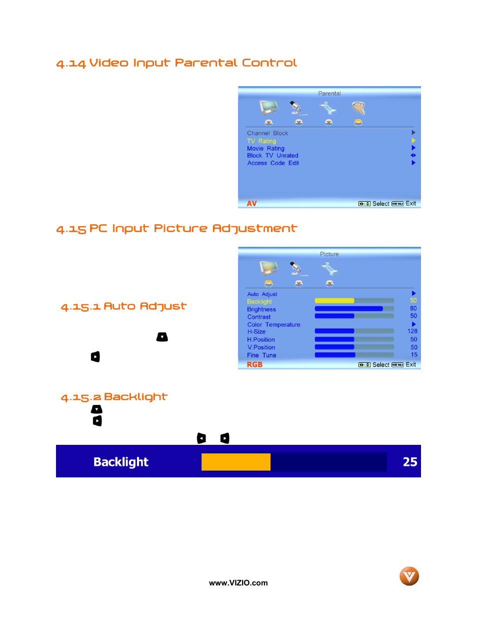 14 video input parental control, 15 pc input picture adjustment, 1 auto adjust | 2 backlight | Vizio GV42L FHDTV10A User Manual | Page 53 / 79