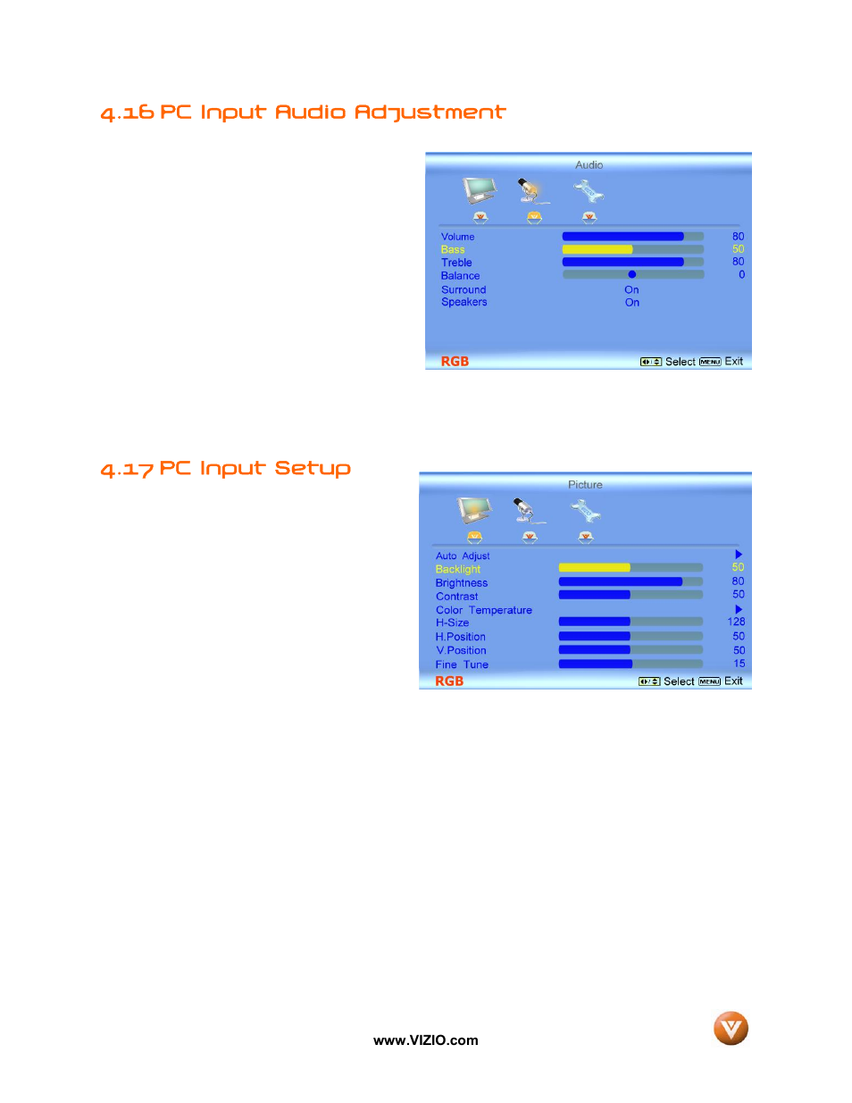 Pc input audio adjustment, Pc input setup, 16 pc input audio adjustment | 17 pc input setup | Vizio GV42L FHDTV10A User Manual | Page 56 / 79