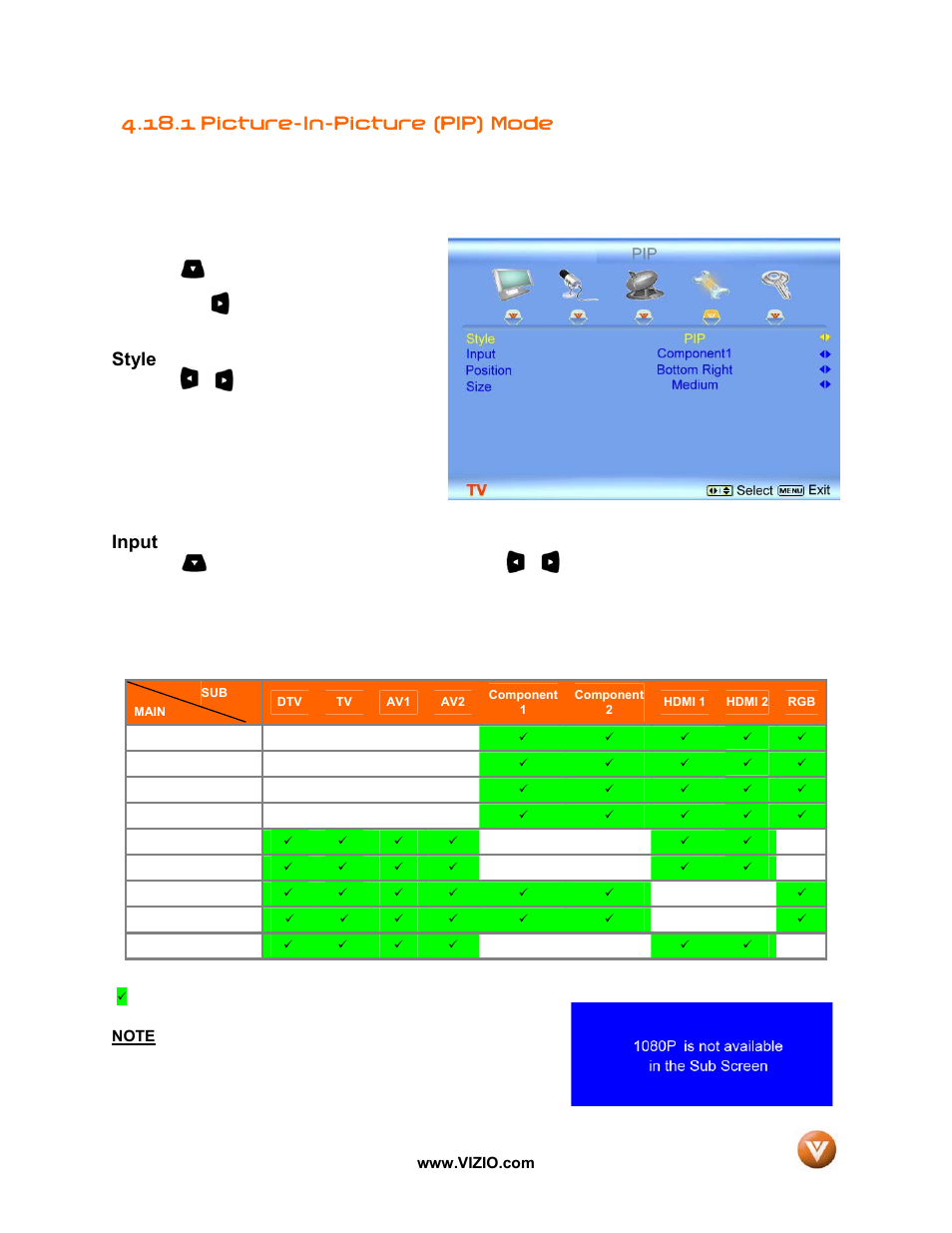 1 picture-in-picture (pip) mode, Style, Input | Vizio GV42L FHDTV10A User Manual | Page 58 / 79