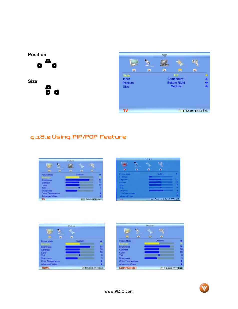 Position, Size, 2 using pip/pop feature | Vizio GV42L FHDTV10A User Manual | Page 59 / 79