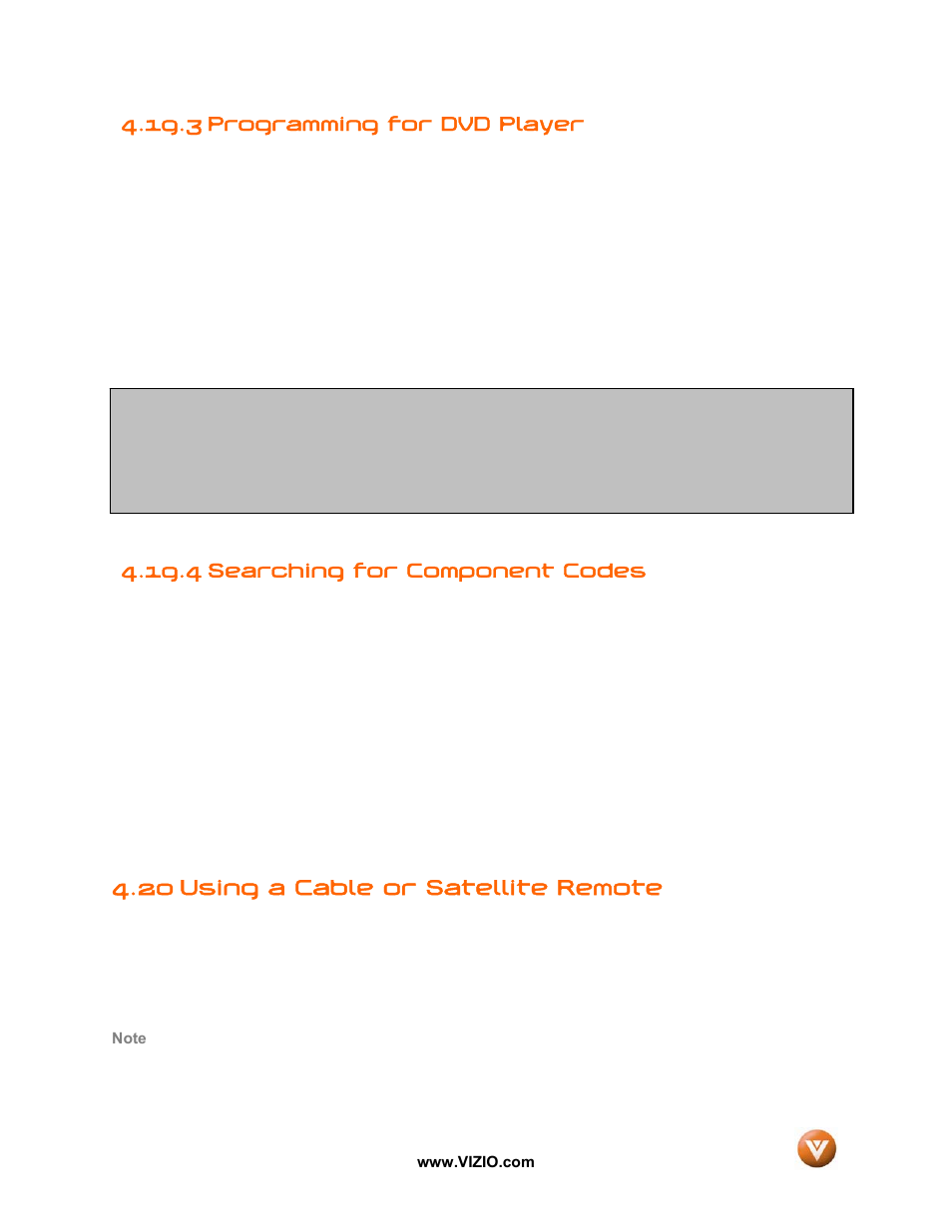 3 programming for dvd player, 4 searching for component codes, 20 using a cable or satellite remote | Vizio GV42L FHDTV10A User Manual | Page 63 / 79