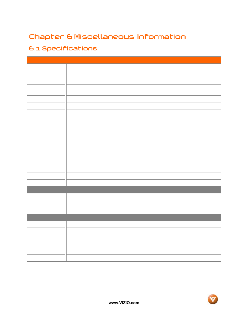 Chapter 6 miscellaneous information, 1 specifications | Vizio GV42L FHDTV10A User Manual | Page 68 / 79