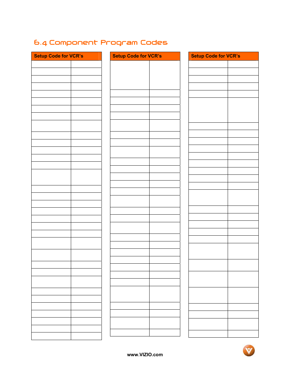 4 component program codes | Vizio GV42L FHDTV10A User Manual | Page 72 / 79