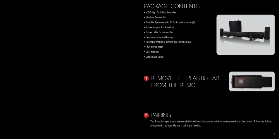 Package contents, Remove the plastic tab from the remote, Pairing | Vizio VHT510 User Manual | Page 2 / 7