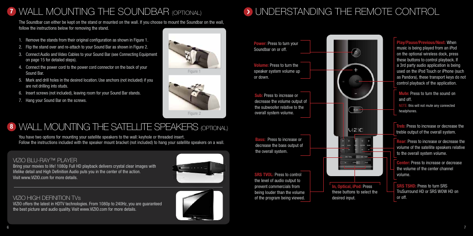 Wall mounting the soundbar, Wall mounting the satellite speakers, Understanding the remote control | Optional), Vizio blu-ray™ player, Vizio high definition tvs | Vizio VHT510 User Manual | Page 5 / 7