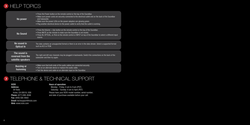 Help topics, Telephone & technical support | Vizio VHT510 User Manual | Page 6 / 7