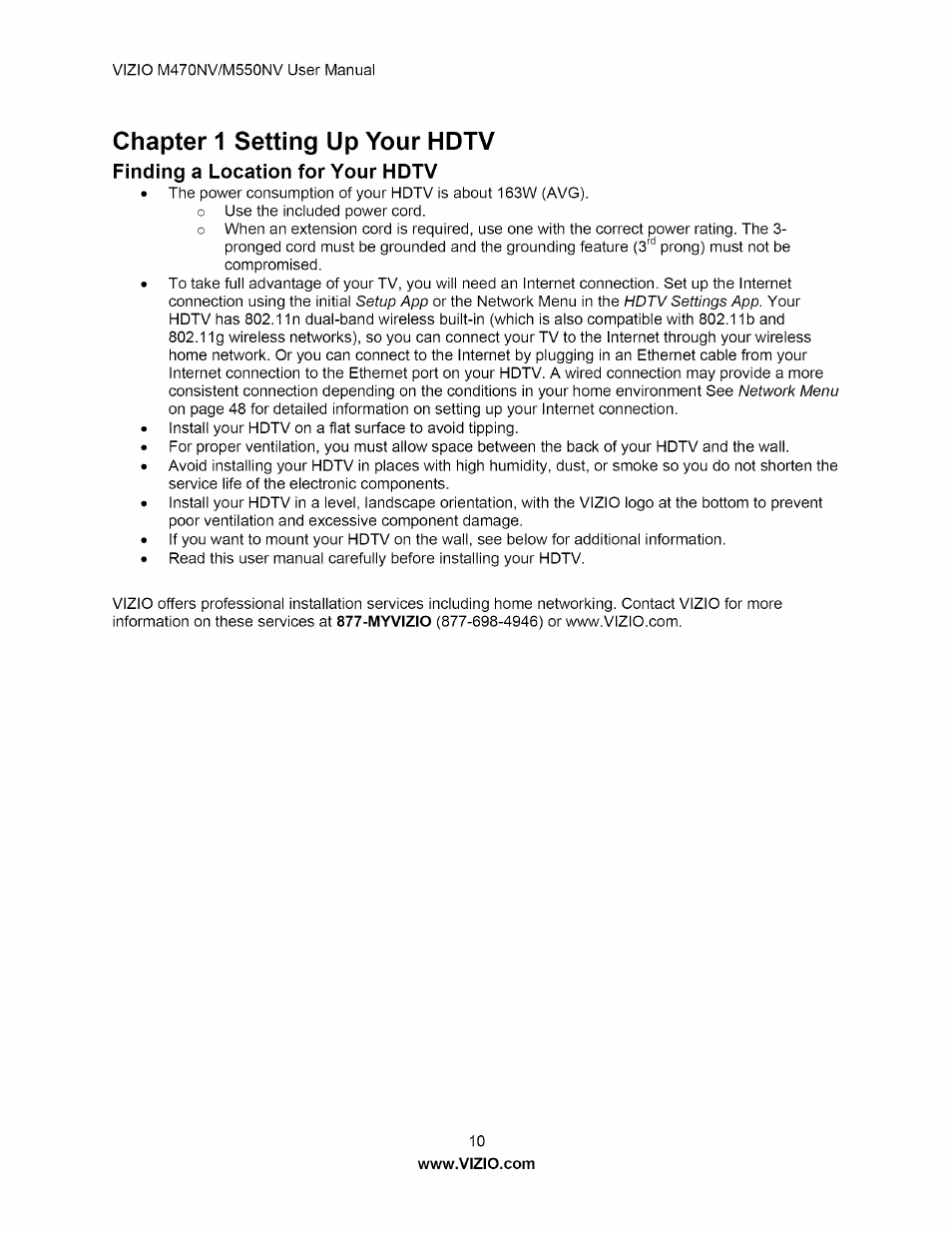 Finding a location for your hdtv, Chapter 1 setting up your hdtv | Vizio M470NV User Manual | Page 10 / 64