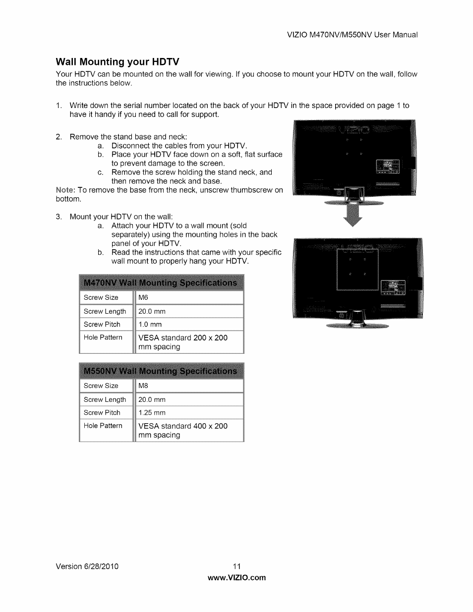 Wall mounting your hdtv | Vizio M470NV User Manual | Page 11 / 64