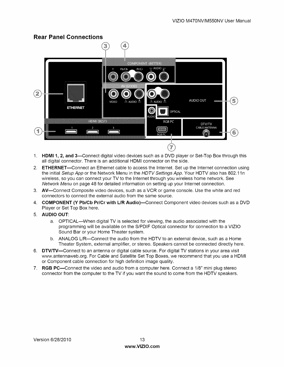 Rear panel connections | Vizio M470NV User Manual | Page 13 / 64