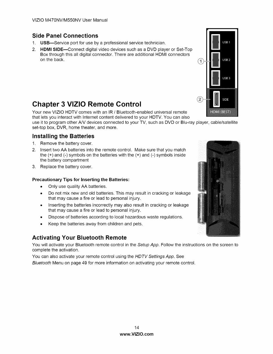 Side panel connections, Chapter 3 vizio remote control, Installing the batteries | Activating your bluetooth remote | Vizio M470NV User Manual | Page 14 / 64