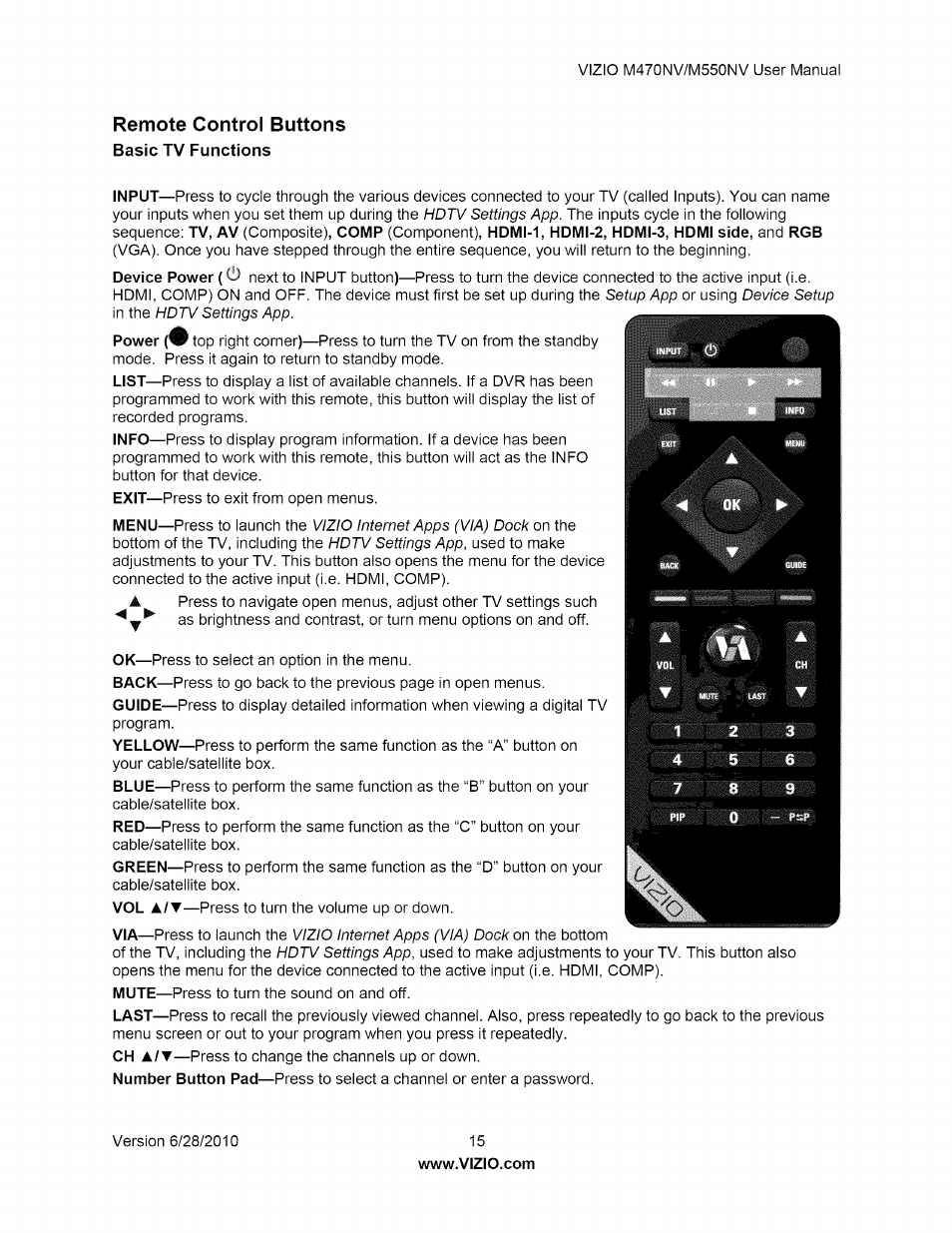 Remote control buttons | Vizio M470NV User Manual | Page 15 / 64