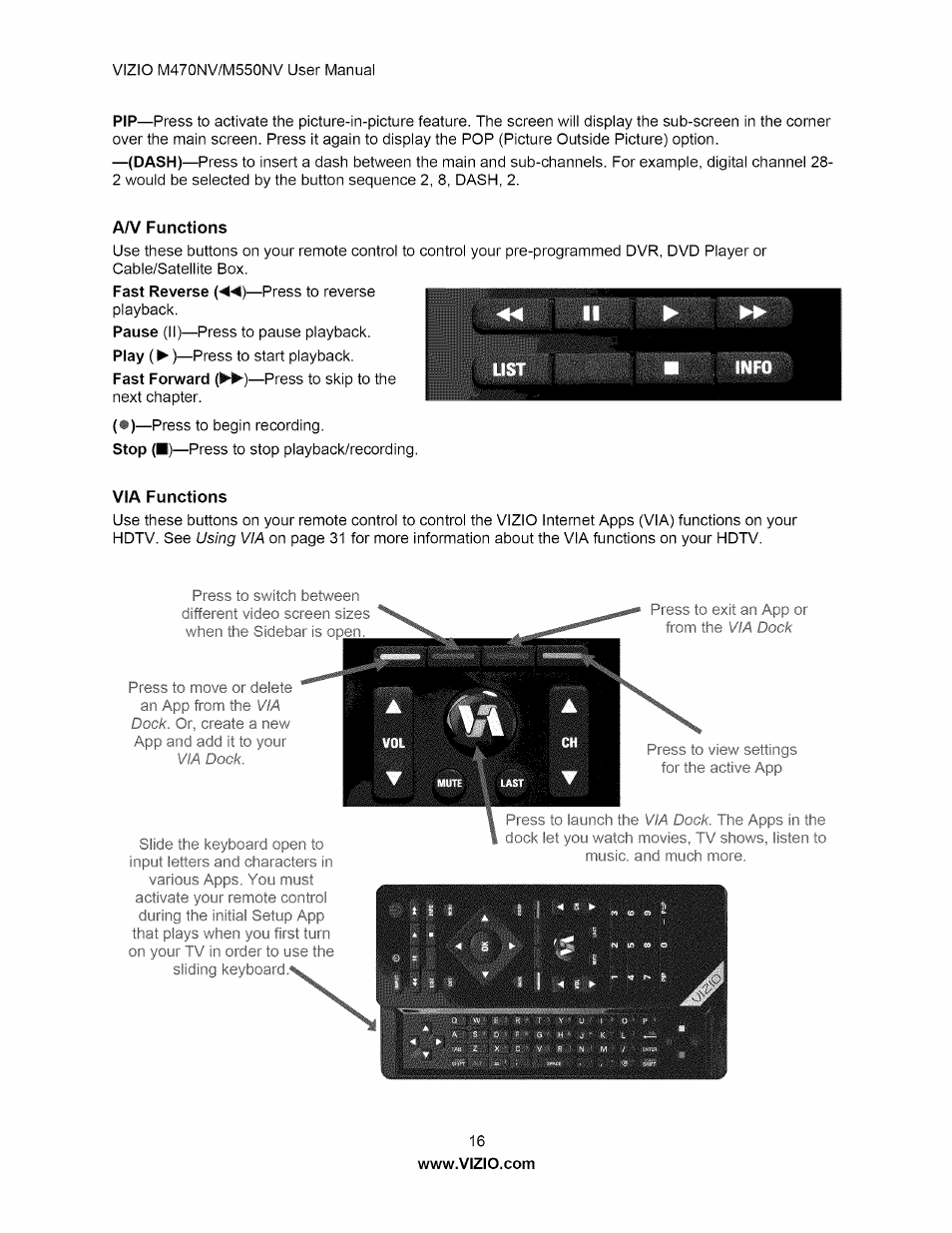 Aa/ functions, Via functions, A/v functions via functions | Vizio M470NV User Manual | Page 16 / 64